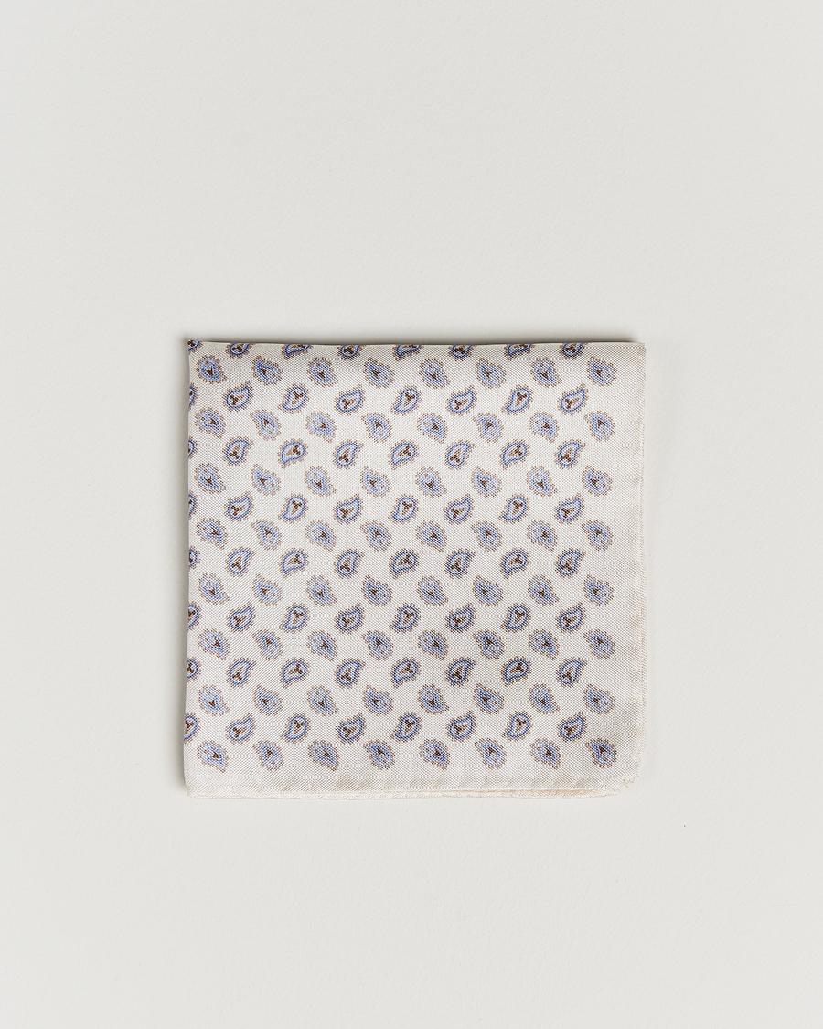 Herren | Amanda Christensen Silk Oxford Printed Paisley Pocket Square White | Amanda Christensen | Silk Oxford Printed Paisley Pocket Square White