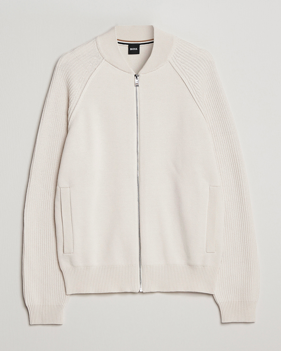 Herren | Pullover | BOSS BLACK | Grissino Structured Knitted Full-Zip Open White