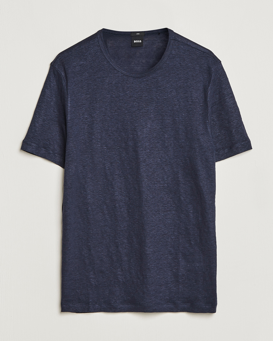 Herren | T-Shirts | BOSS BLACK | Tiburt Linen Crew Neck T-Shirt Dark Blue
