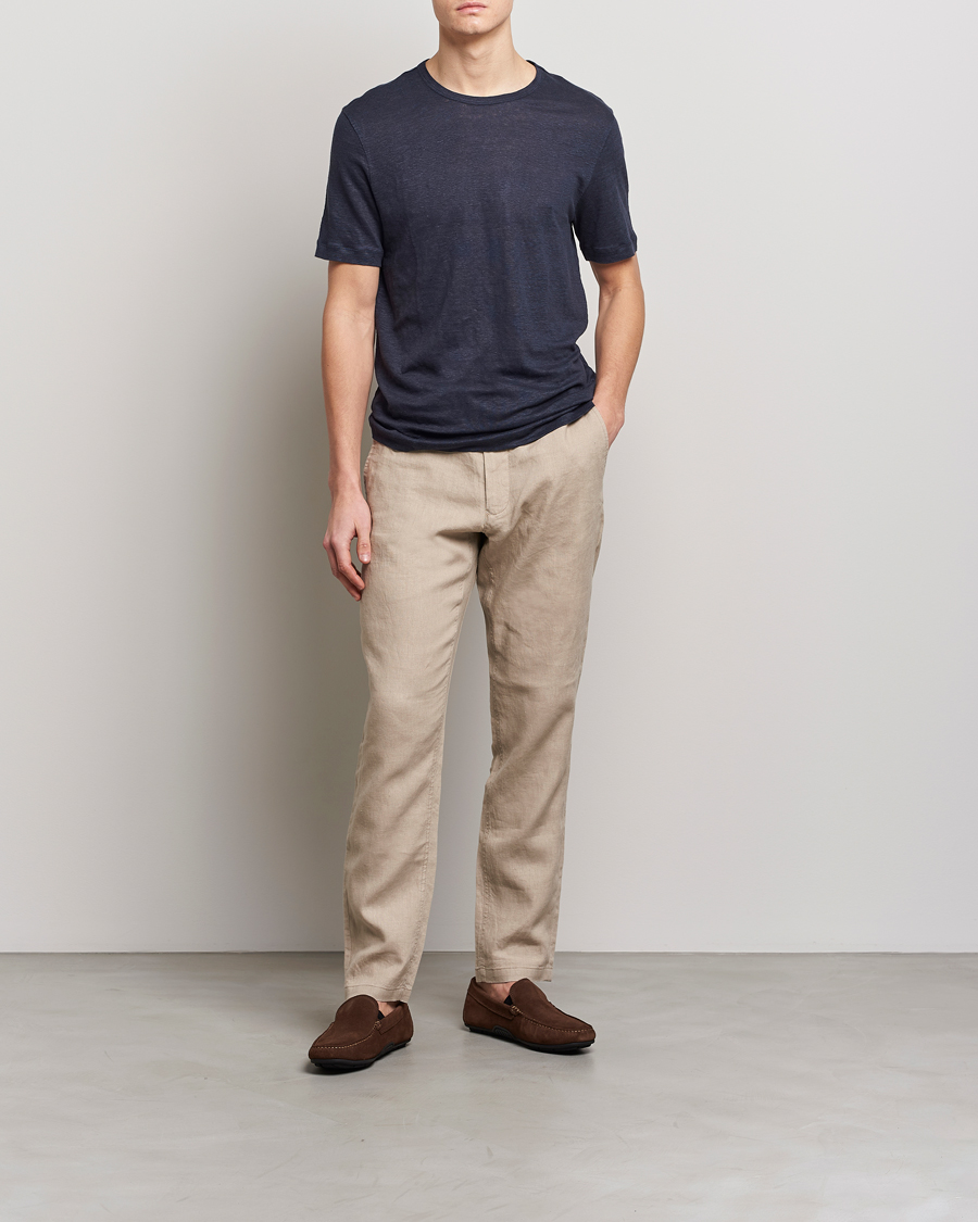 Herren | T-Shirts | BOSS BLACK | Tiburt Linen Crew Neck T-Shirt Dark Blue