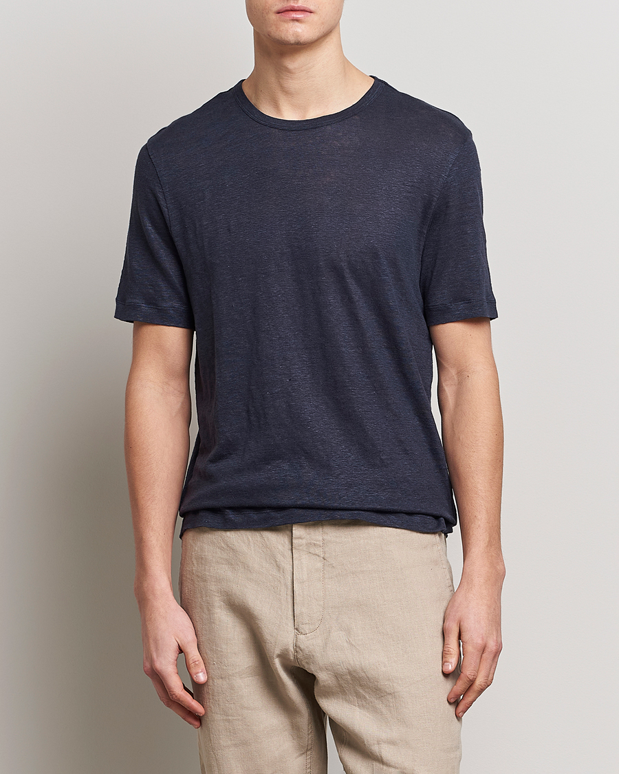 Herren | T-Shirts | BOSS BLACK | Tiburt Linen Crew Neck T-Shirt Dark Blue