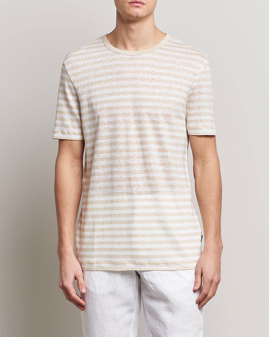 Herren |  | BOSS BLACK | Tiburt Striped Linen Crew Neck T-Shirt Open White 