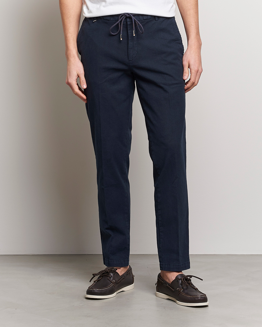 Herren | Drawstring-Hosen | BOSS BLACK | Kane Cotton/Linen Drawstring Trousers Dark Blue
