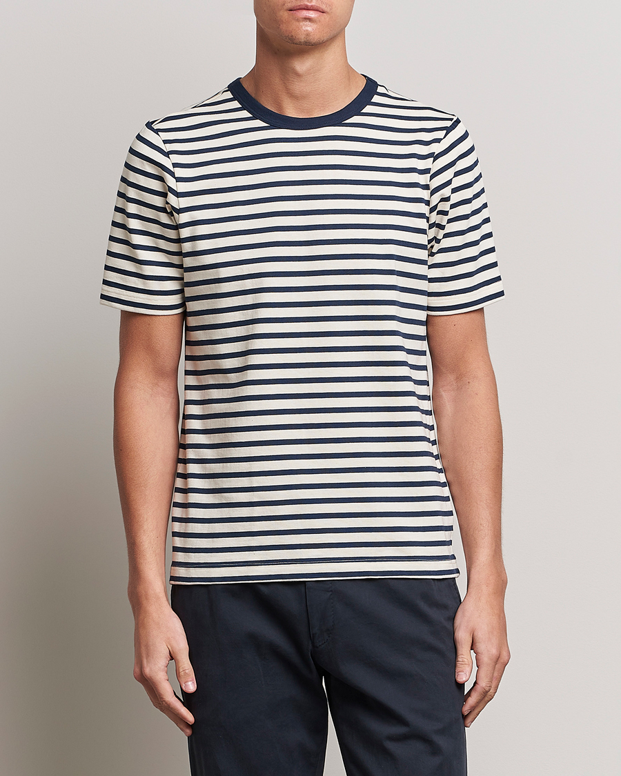 Herren | T-Shirts | Merz b. Schwanen | Relaxed Fit Striped Sturdy T-Shirt Ink/Nature