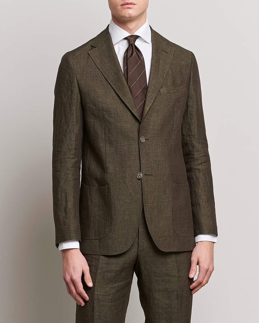 Herren | Leinensakko | Morris Heritage | Mike Patch Pocket Linen Suit Blazer Olive