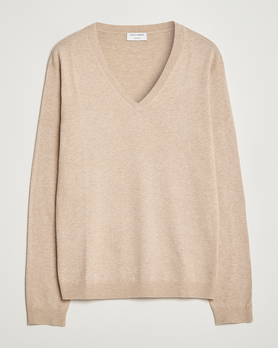 Herren | Pullover | Tiger of Sweden | Pernell Extra Fine Merino V-Neck Beige Melange