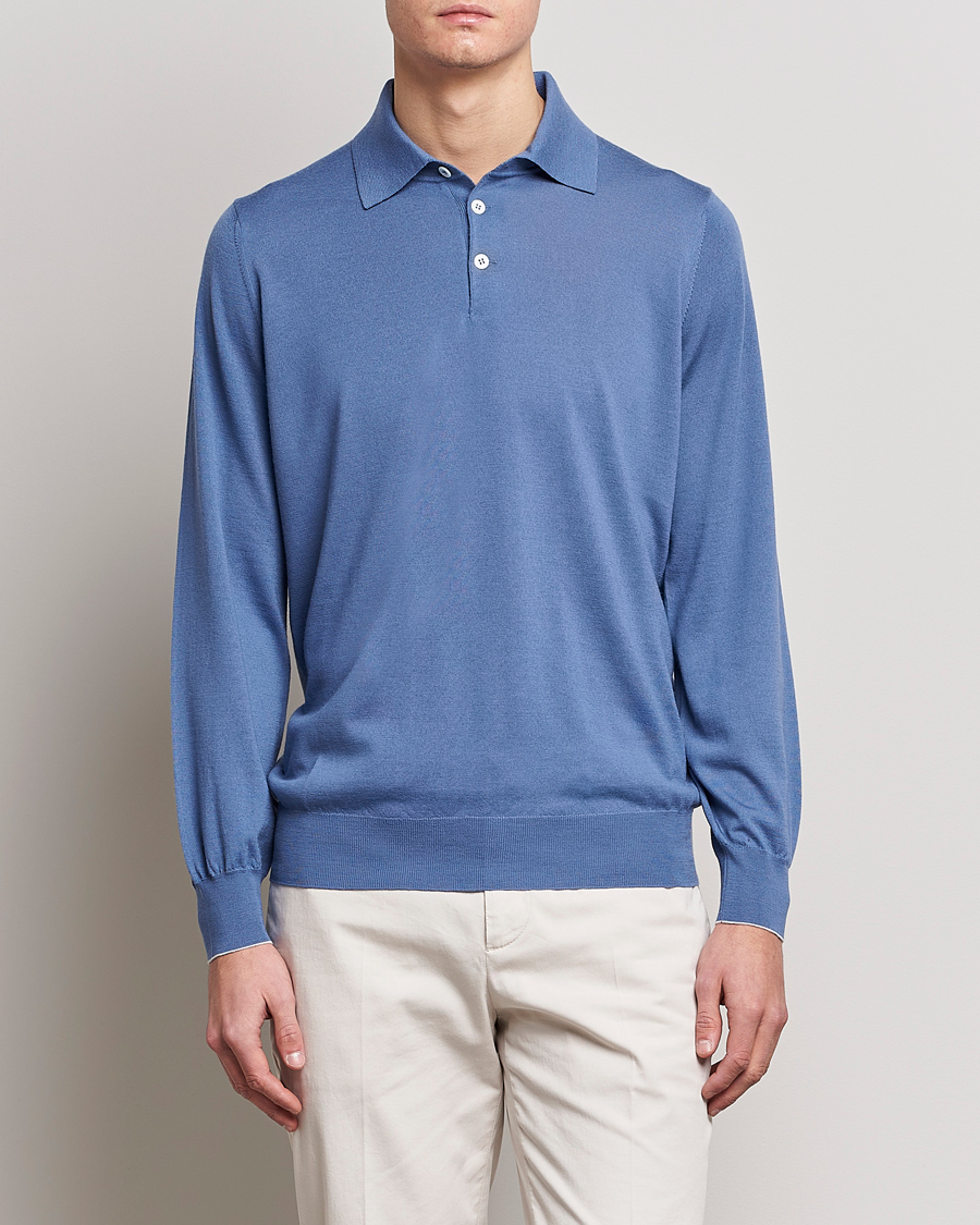 Herren | Bestickte Polohemden | Brunello Cucinelli | Cashmere/Wool Knitted Polo Oxford Blue
