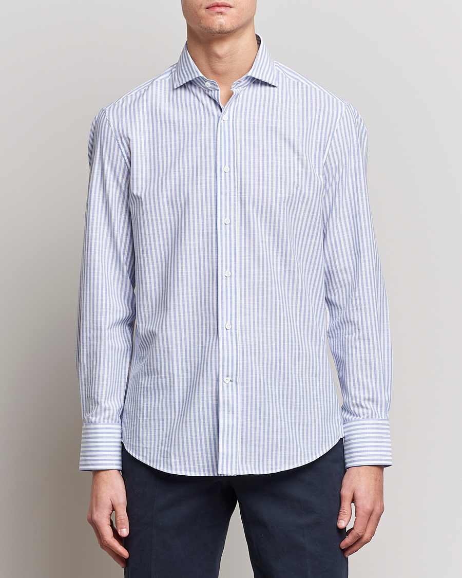 Herren |  | Brunello Cucinelli | Slim Fit Linen Striped Shirt Light Blue