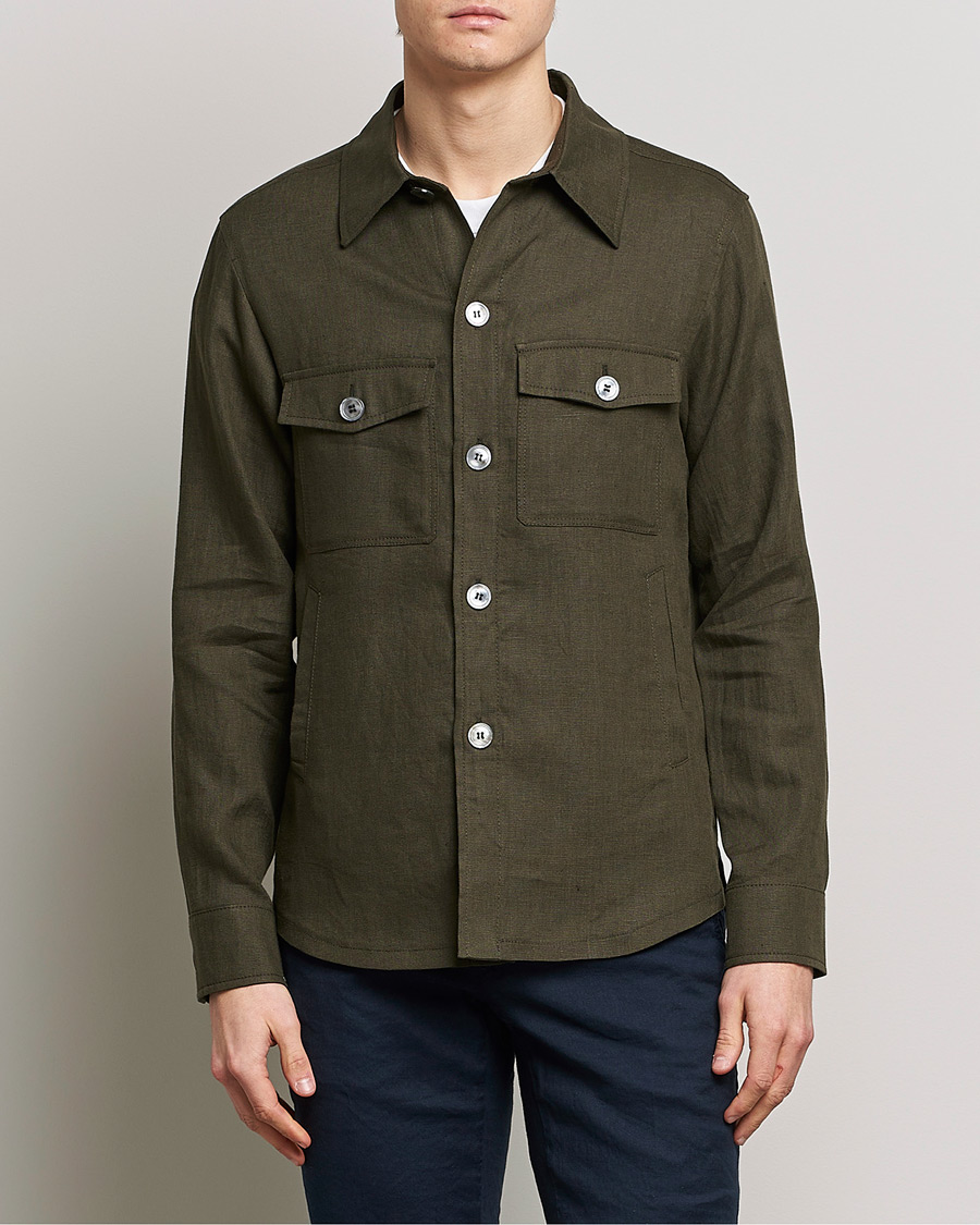 Herren | Overshirts | Oscar Jacobson | Maverick Linen Shirt Jacket Olive