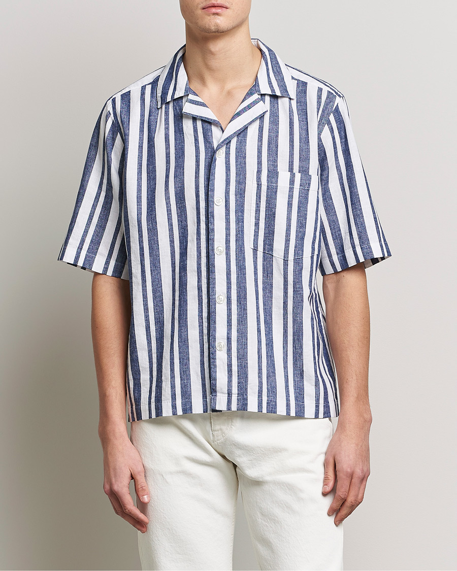 Herren |  | Oscar Jacobson | Cuban Short Sleeve Riviera Stripe Shirt White