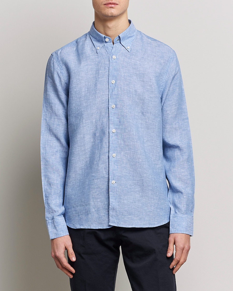 Herren | Hemden | Oscar Jacobson | Regular Fit Button Down Linen Shirt Blue