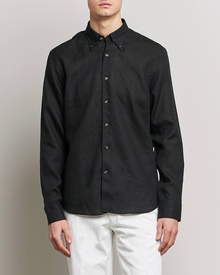 Herren | Hemden | Oscar Jacobson | Regular Fit Button Down Linen Shirt Black