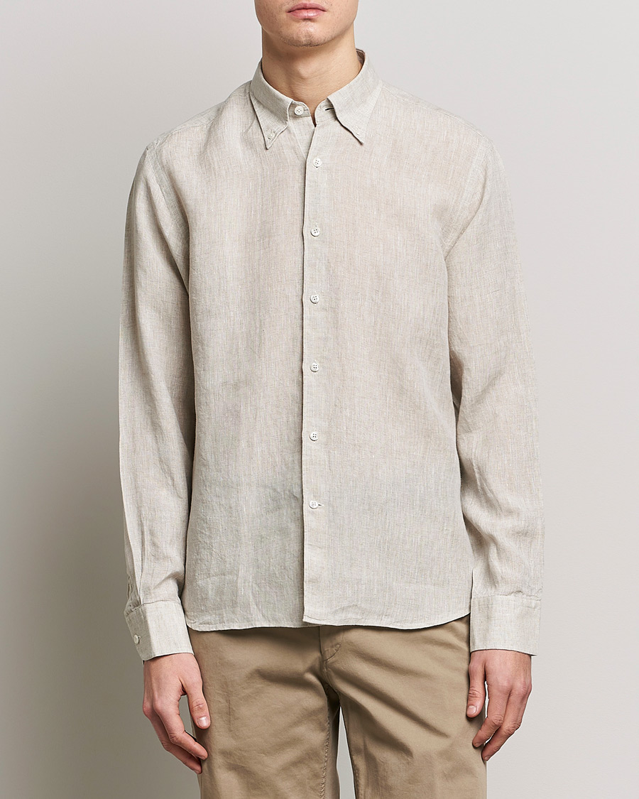 Herren | Oscar Jacobson | Oscar Jacobson | Regular Fit Button Down Linen Shirt Beige