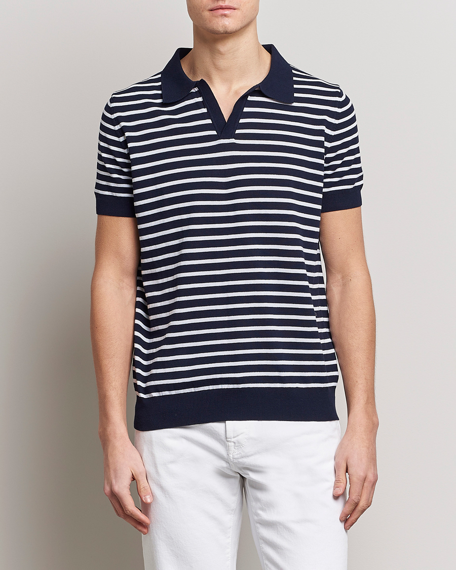 Herren |  | Oscar Jacobson | Devon Short Sleeve Striped Cotton Polo White/Blue