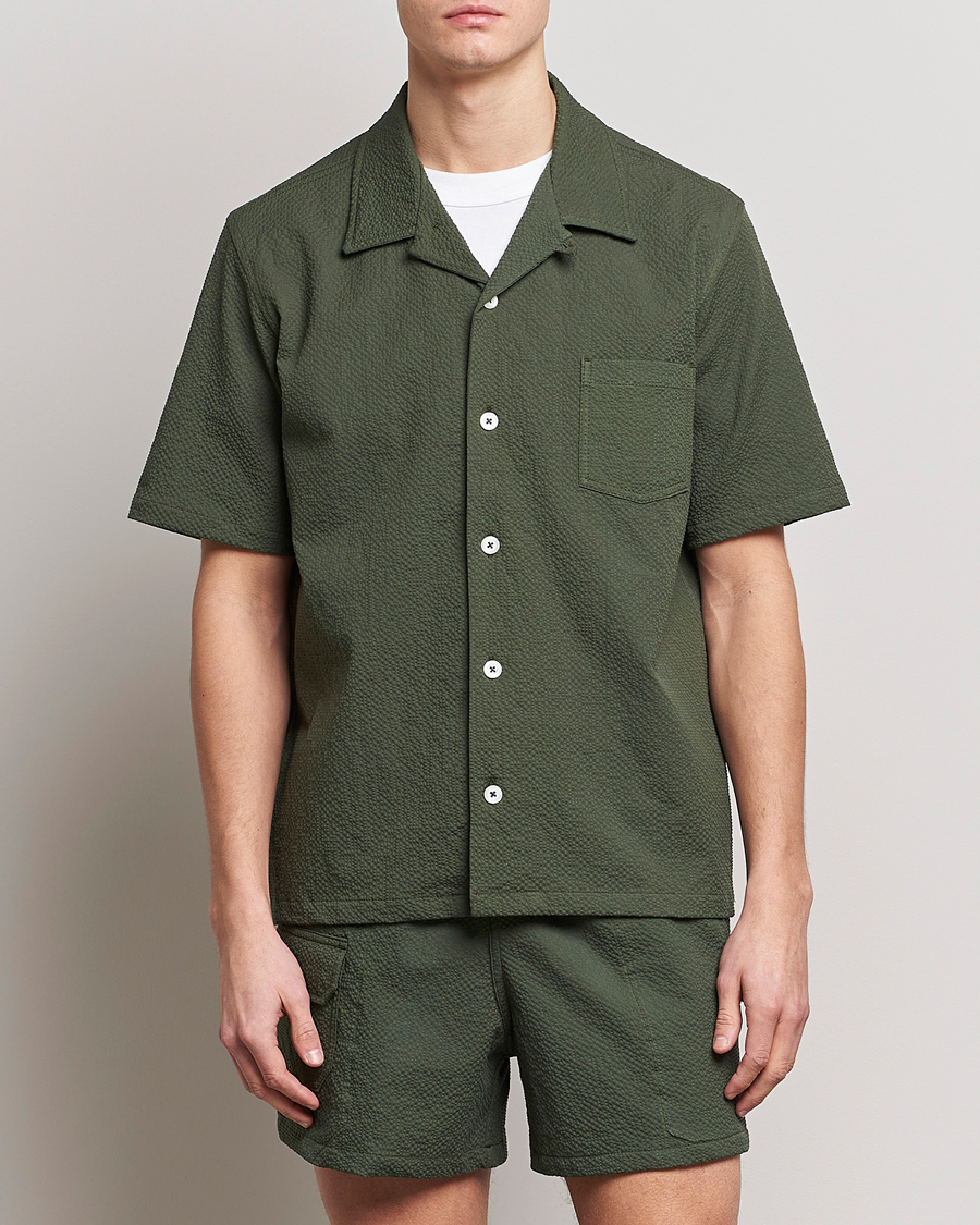 Herren | Kurzarmhemden | Howlin' | Short Sleeve Cotton Seersucker Shirt Greenish