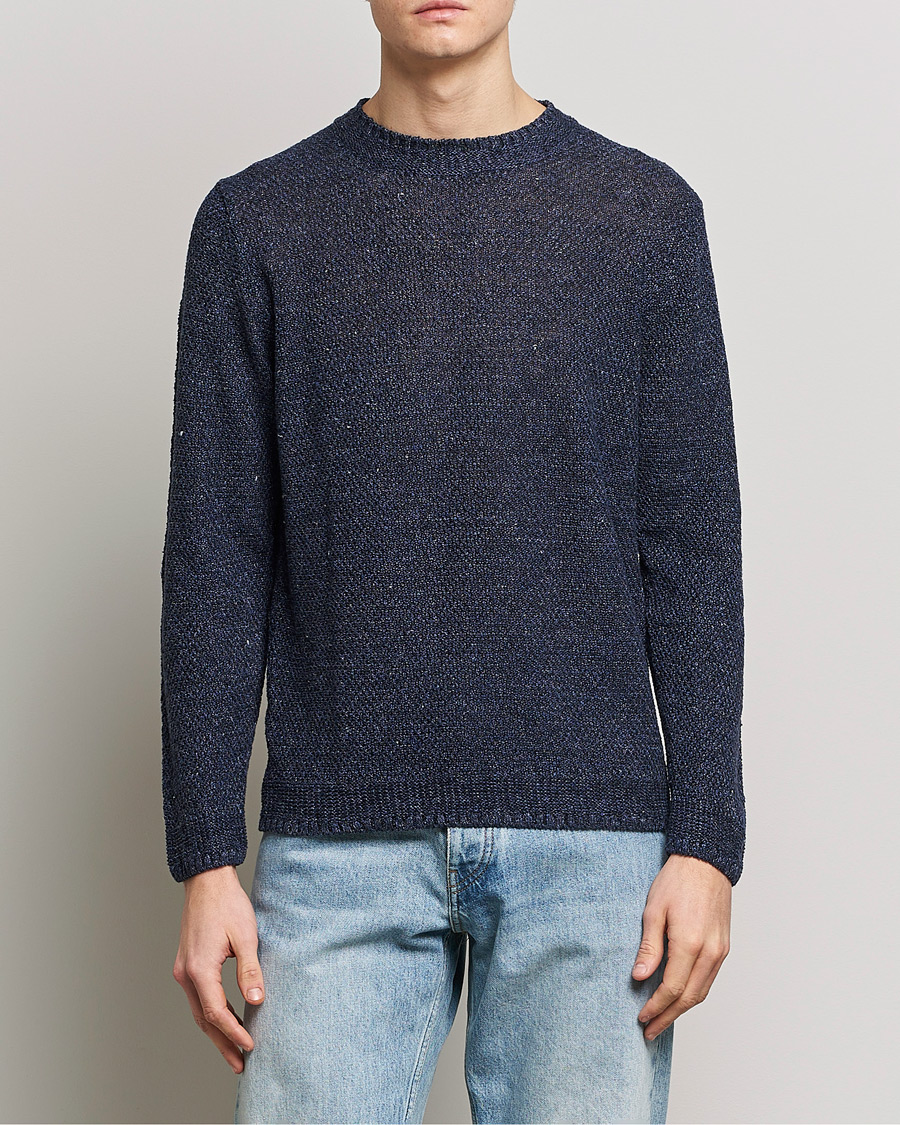 Herren | | Inis Meáin | Moss Stiched Linen Crew Neck Dark Blue