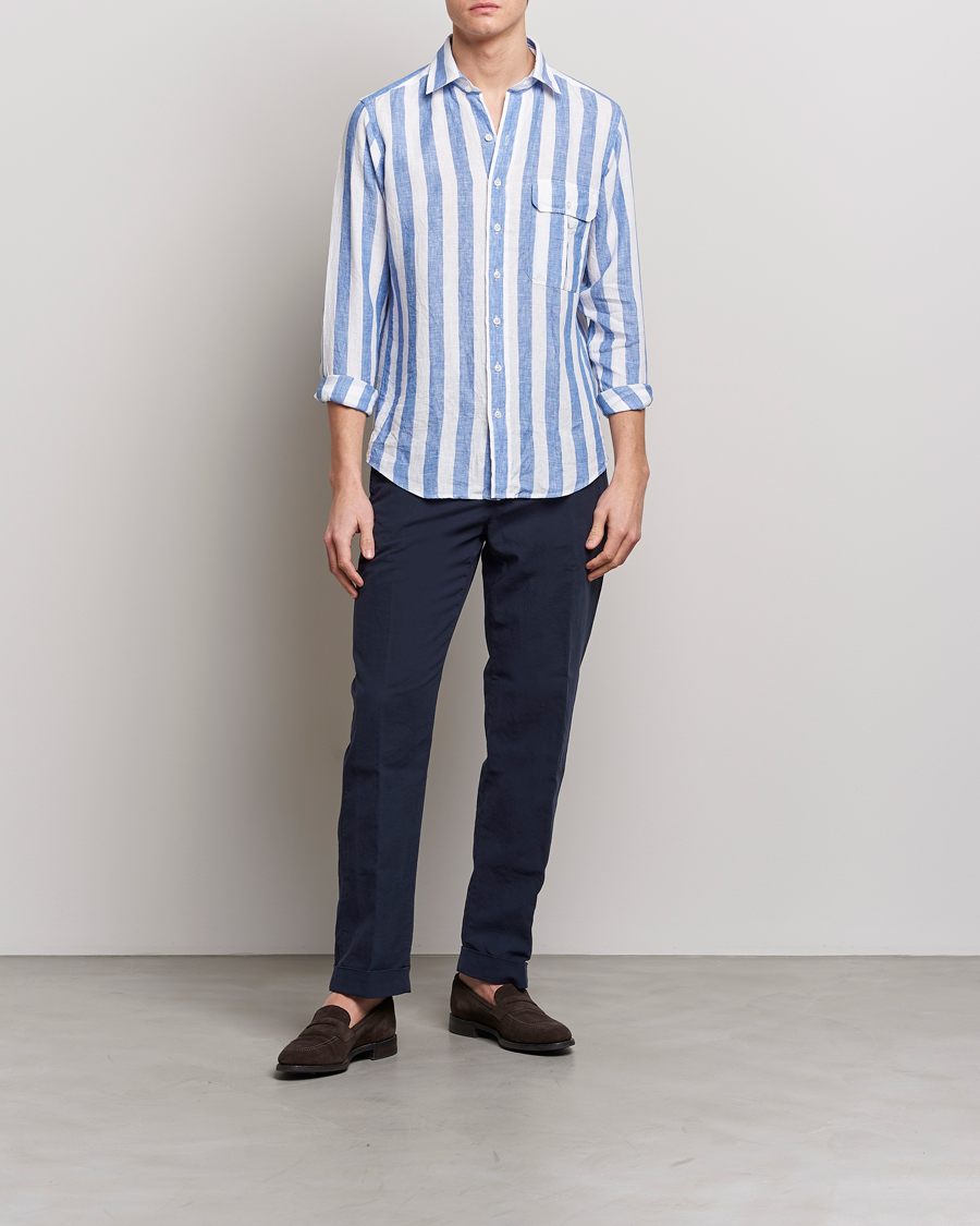 Herren | Hemden | Drake's | Broad Stripe Linen Spread Collar Shirt Blue