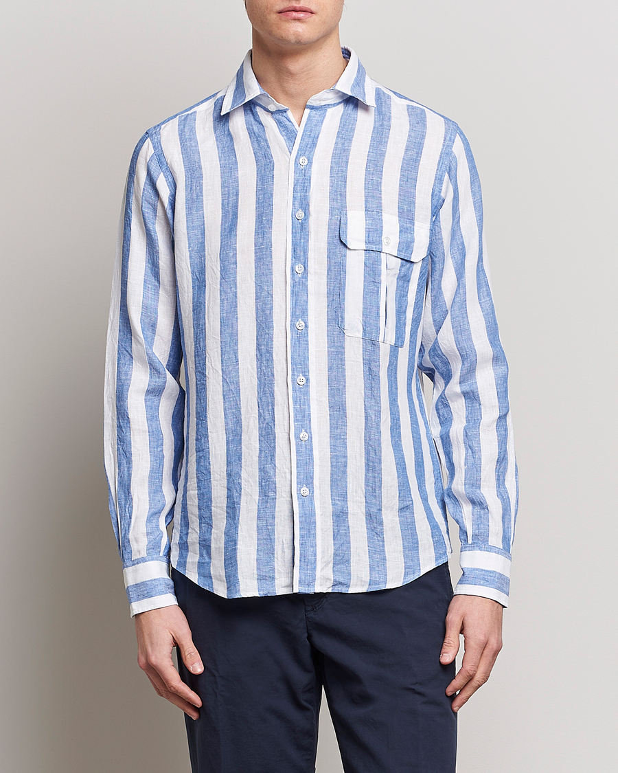 Herren |  | Drake's | Broad Stripe Linen Spread Collar Shirt Blue