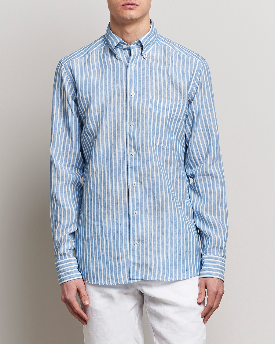 Herren | Leinenhemden | Eton | Slim Fit Striped Linen Shirt Mid Blue