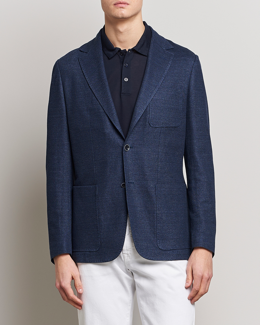 Herren | Leinensakko | Canali | Linen/Cotton Jersey Blazer Dark Blue
