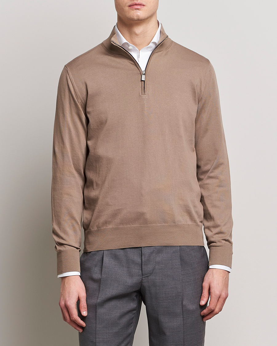 Herren | Pullover | Canali | Cotton Half Zip Sweater Brown