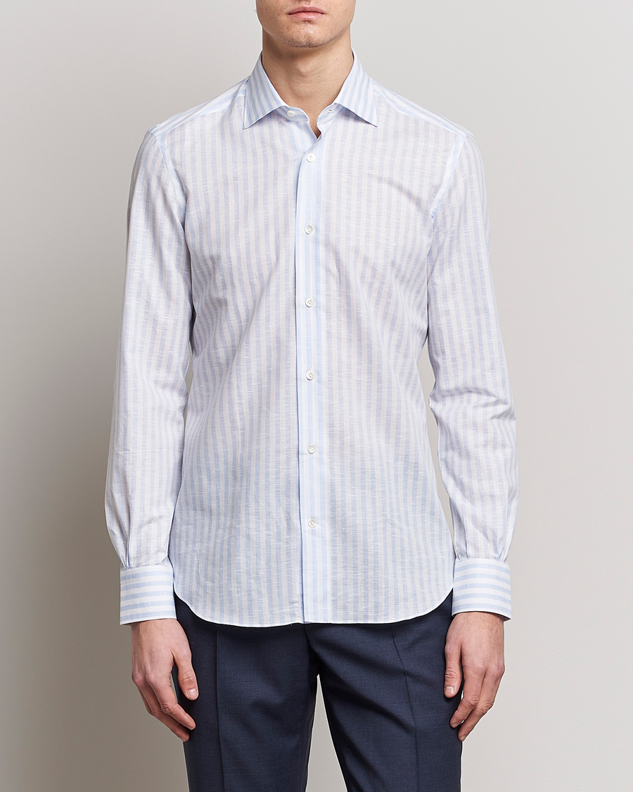 Herren | Mazzarelli | Mazzarelli | Soft Cotton/Linen Shirt Light Blue Stripe