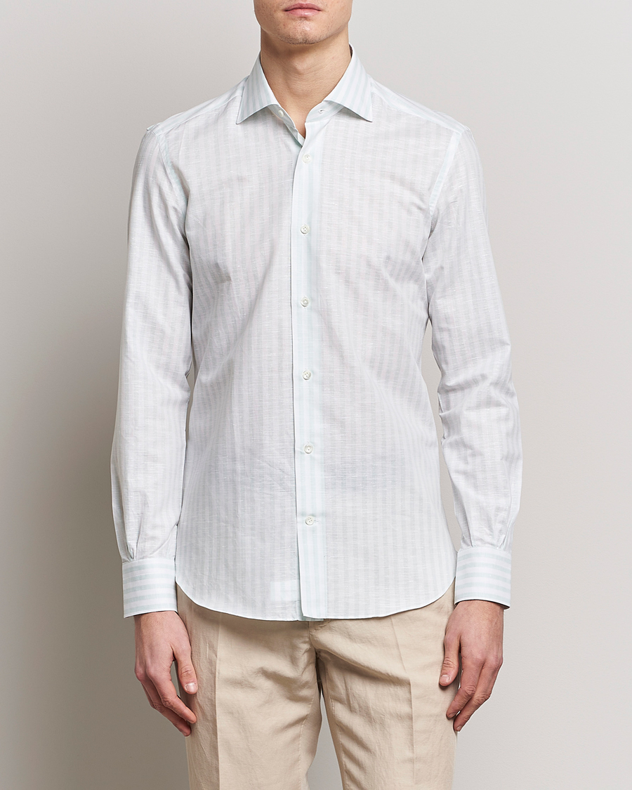 Herren |  | Mazzarelli | Soft Cotton/Linen Shirt Light Green Stripe