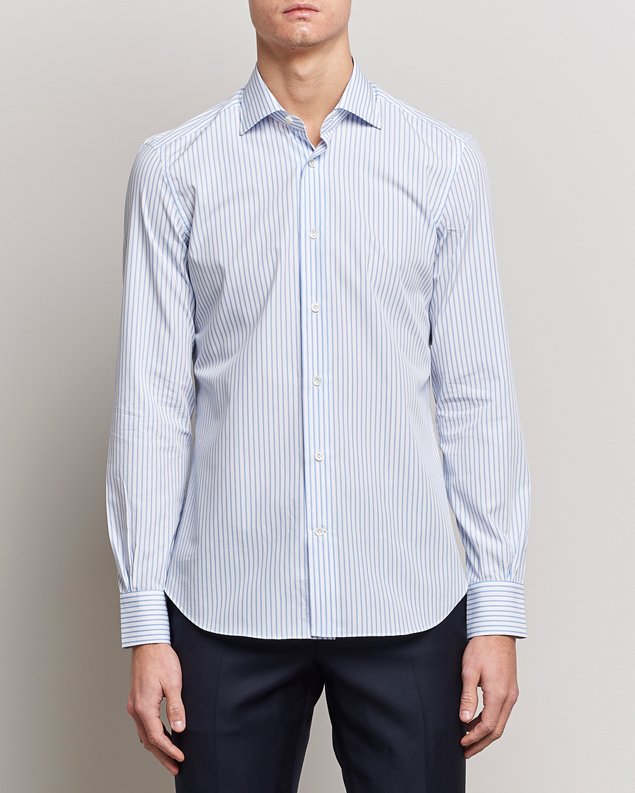 Herren |  | Mazzarelli | Soft Cotton Cut Away Shirt Light Blue Stripe