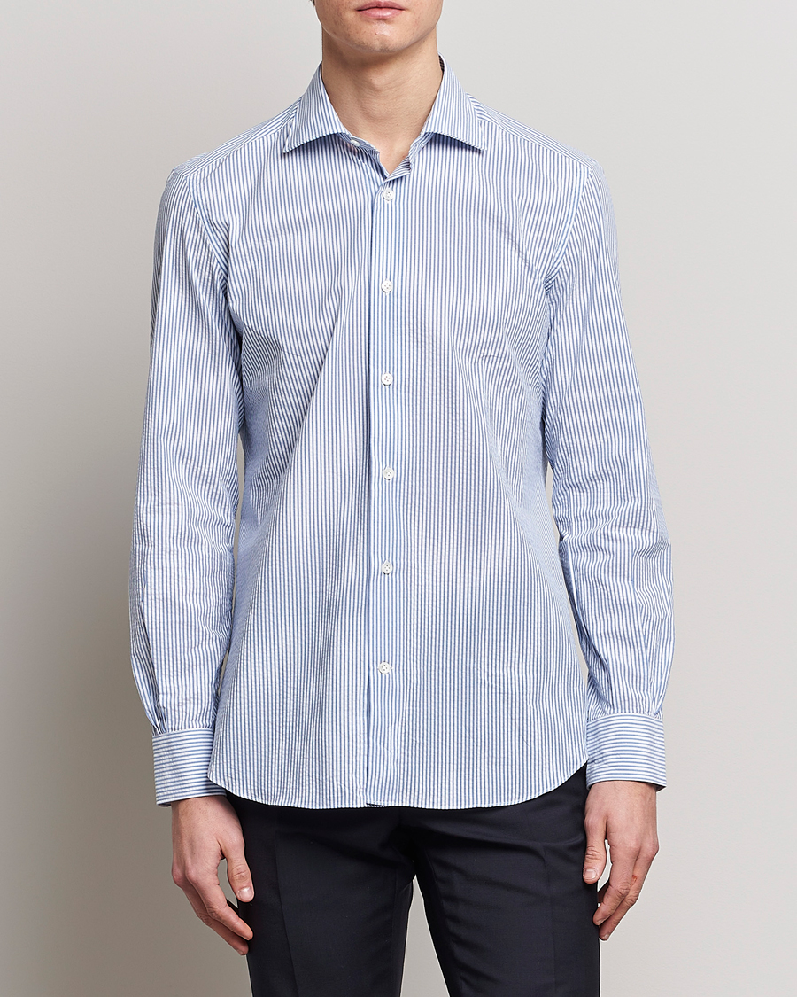 Herren |  | Mazzarelli | Soft Seersucker Shirt Light Blue Stripe