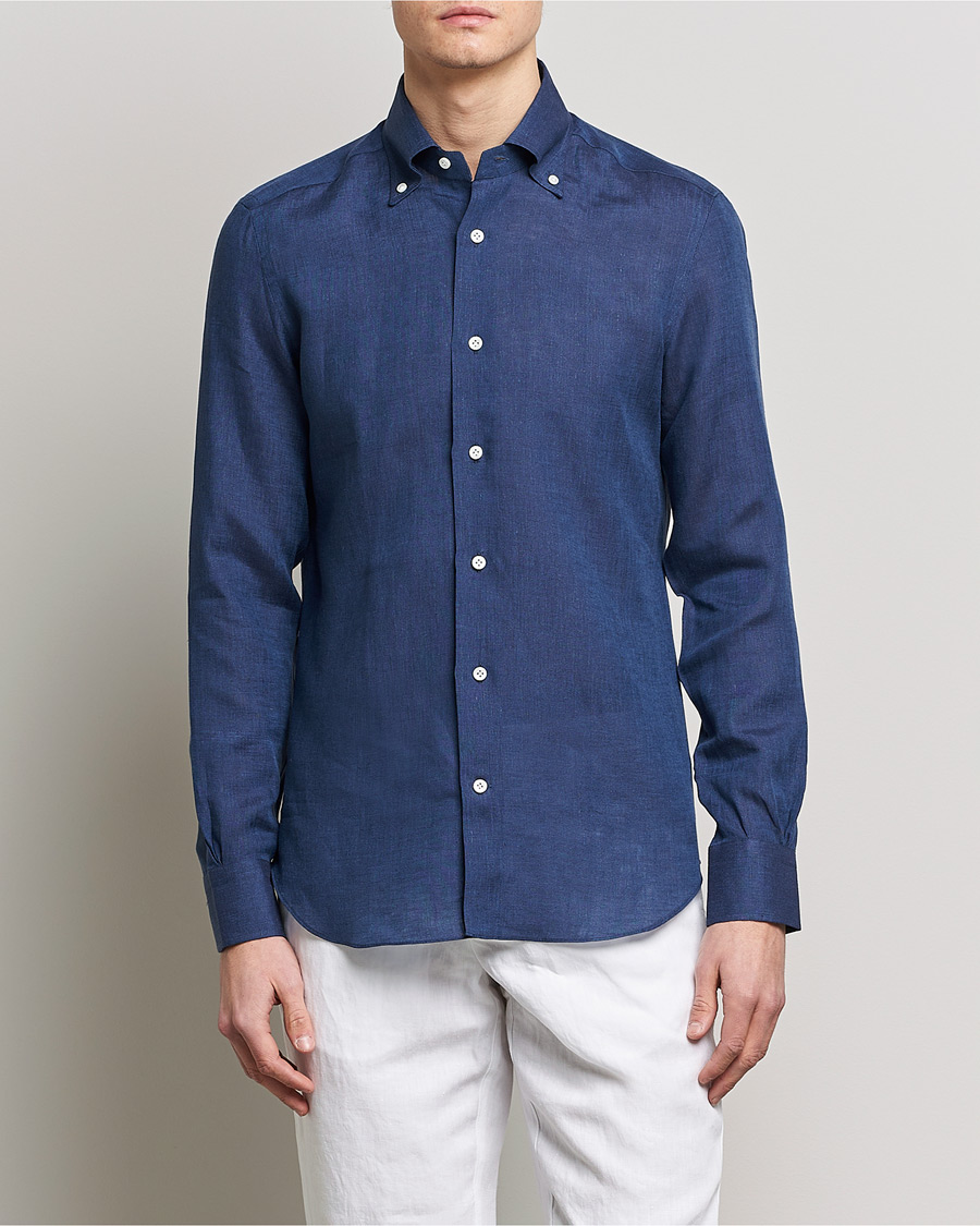 Herren | Leinenhemden | Mazzarelli | Soft Linen Button Down Shirt Navy