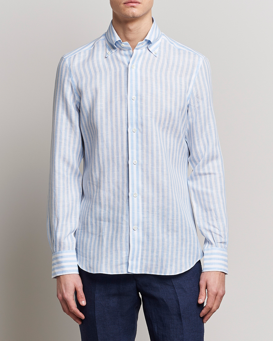 Herren | Mazzarelli | Mazzarelli | Soft Linen Button Down Shirt Light Blue Stripe