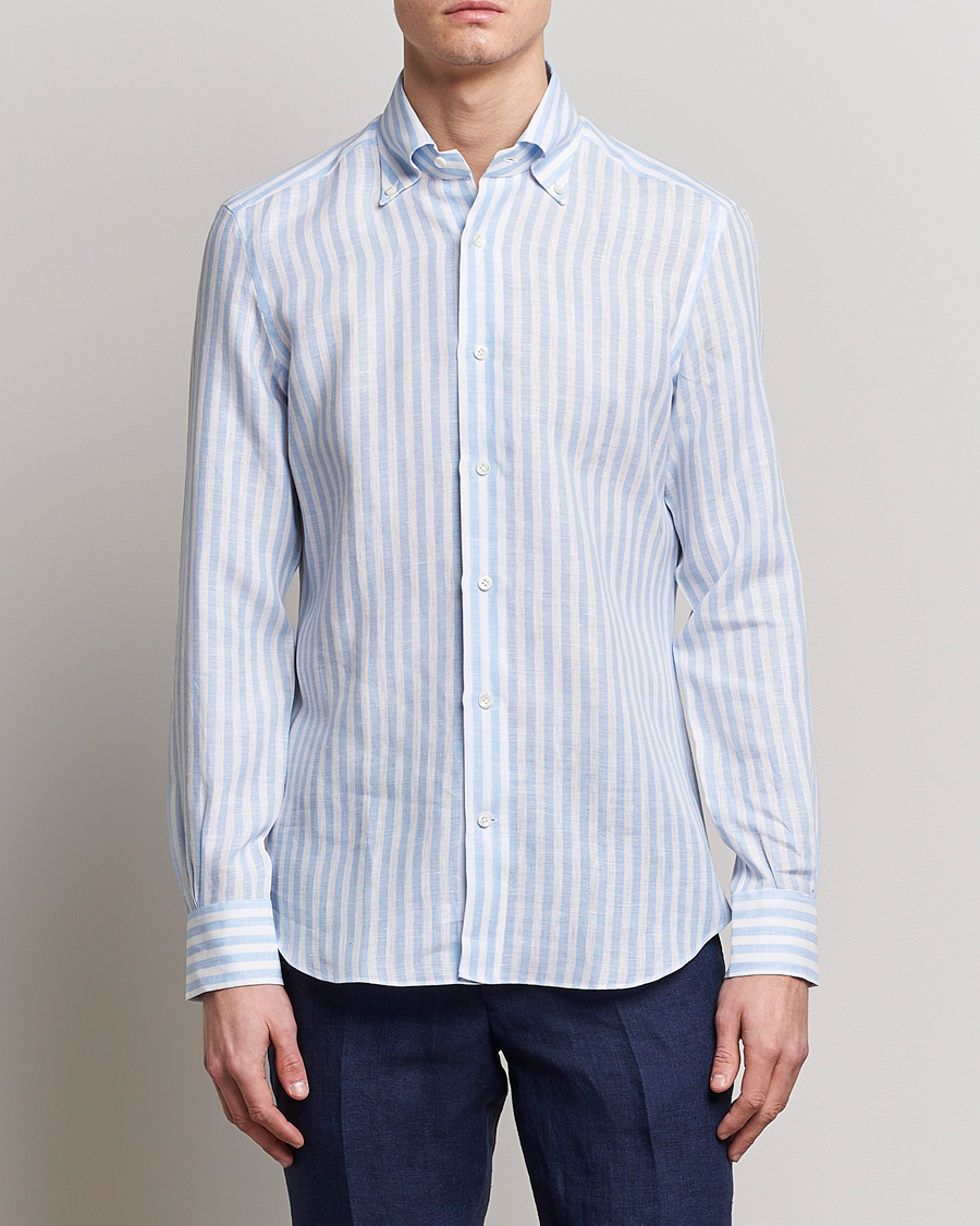 Herren | Hemden | Mazzarelli | Soft Linen Button Down Shirt Light Blue Stripe