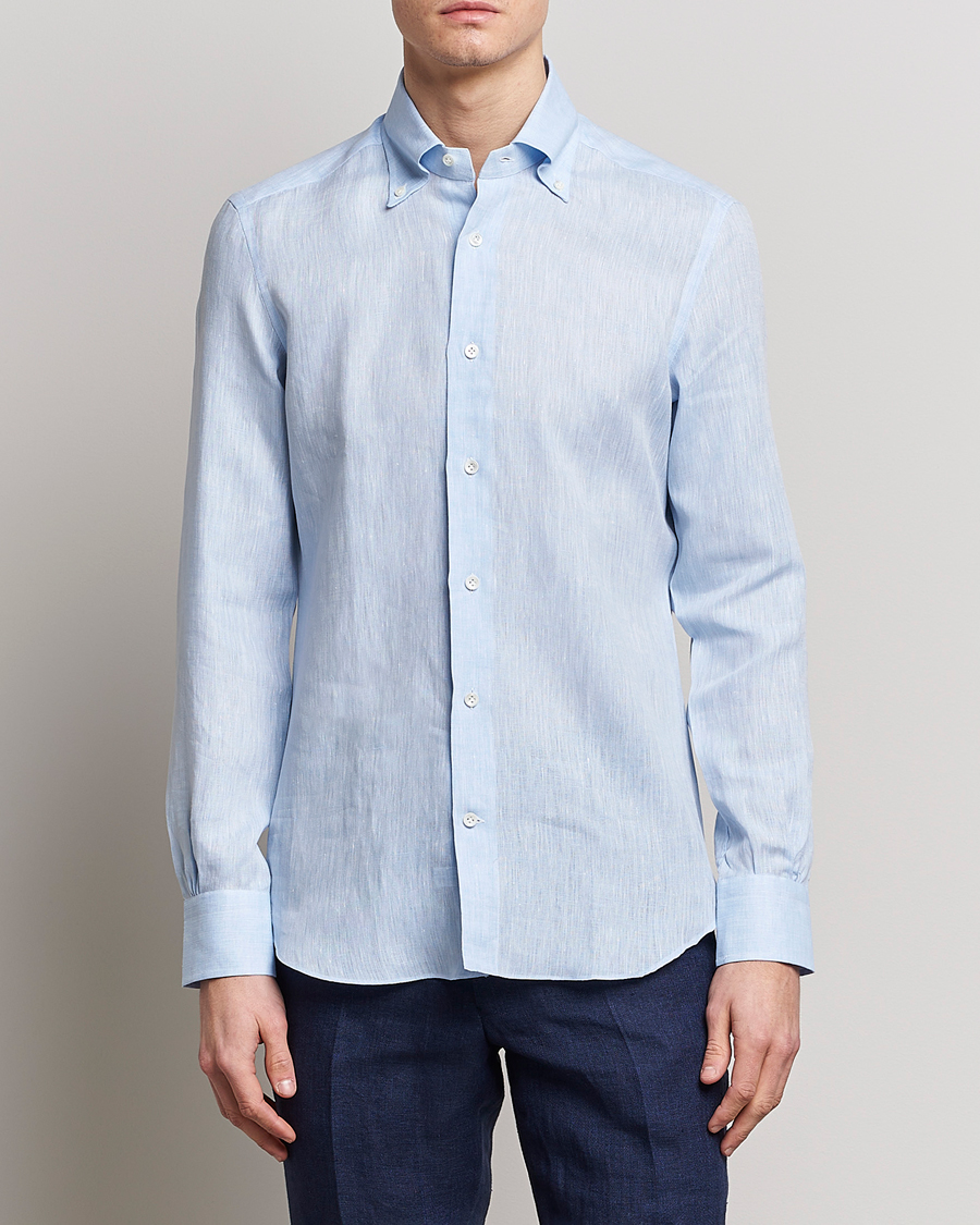 Herren |  | Mazzarelli | Soft Linen Button Down Shirt Light Blue