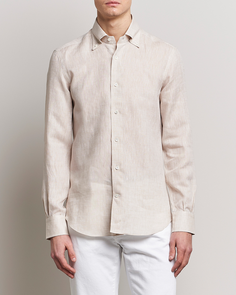 Herren | Hemden | Mazzarelli | Soft Linen Button Down Shirt Beige
