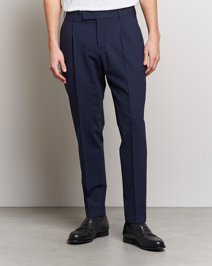 Herren | Stoffhosen | PT01 | Slim Fit Pleated Glencheck Wool Trousers Navy