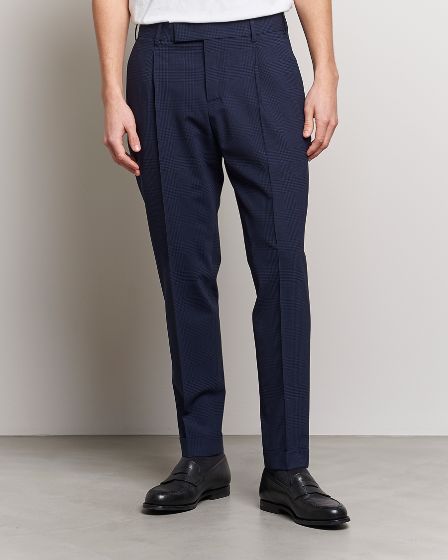 Herren | | PT01 | Slim Fit Pleated Glencheck Wool Trousers Navy
