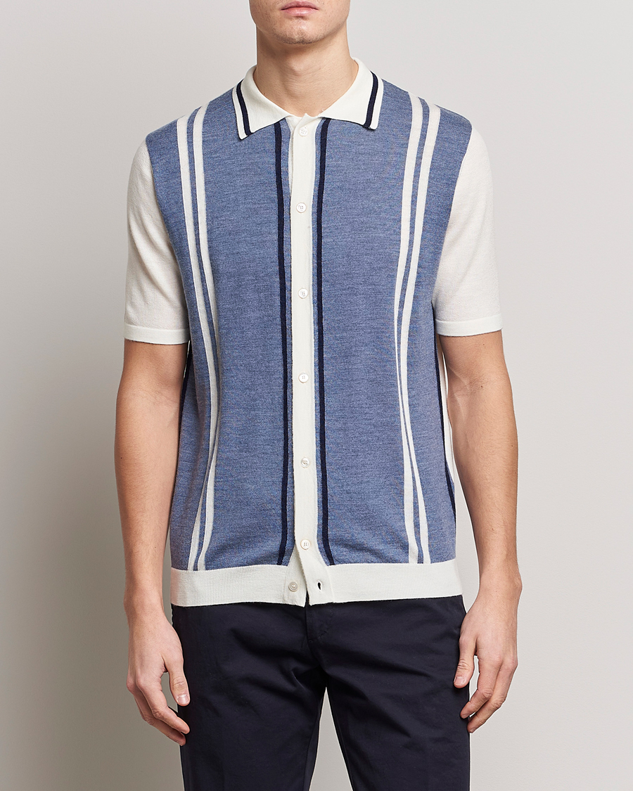 Herren | Hemden | Stenströms | Ripley Merino Striped Polo Shirt Blue