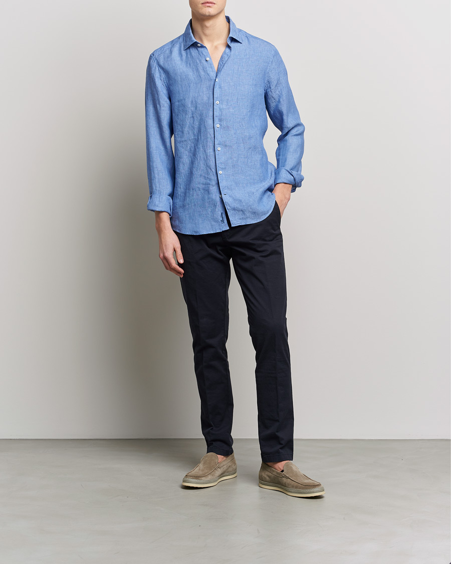 Herren | Hemden | Stenströms | Slimline Cut Away Linen Shirt Mid Blue