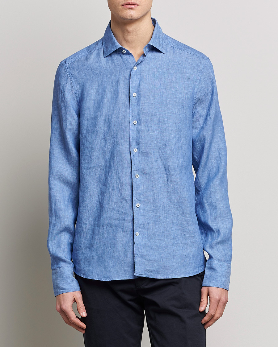Herren |  | Stenströms | Slimline Cut Away Linen Shirt Mid Blue