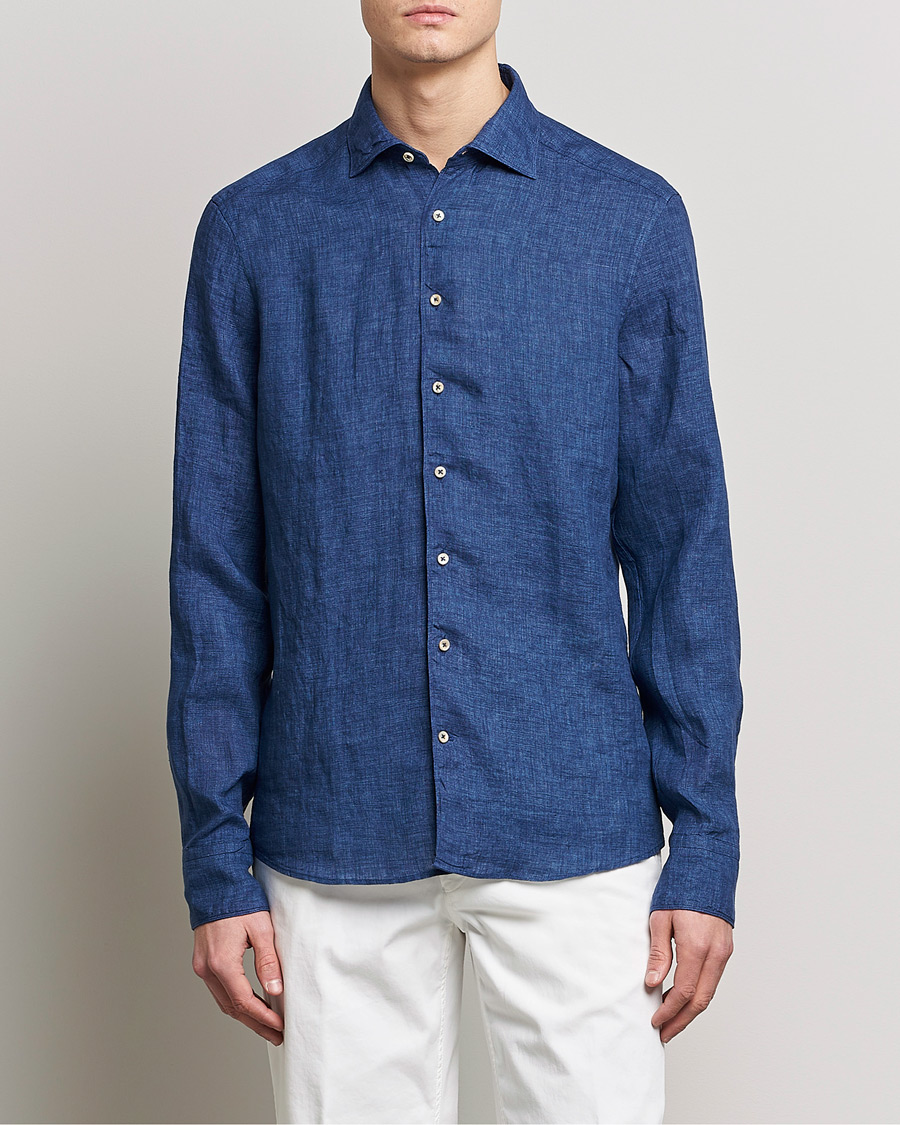Herren |  | Stenströms | Slimline Cut Away Linen Shirt Dark Blue