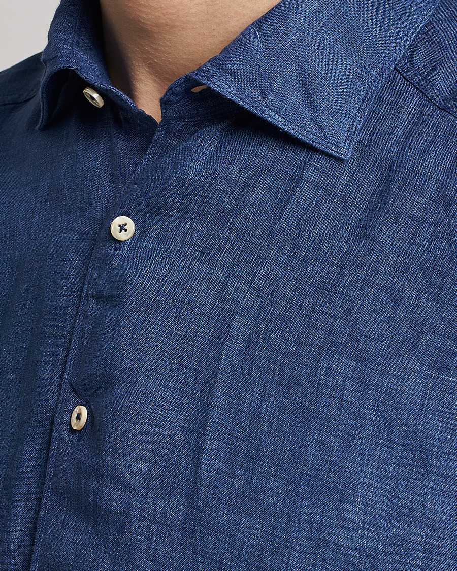 Herren | Hemden | Stenströms | Slimline Cut Away Linen Shirt Dark Blue