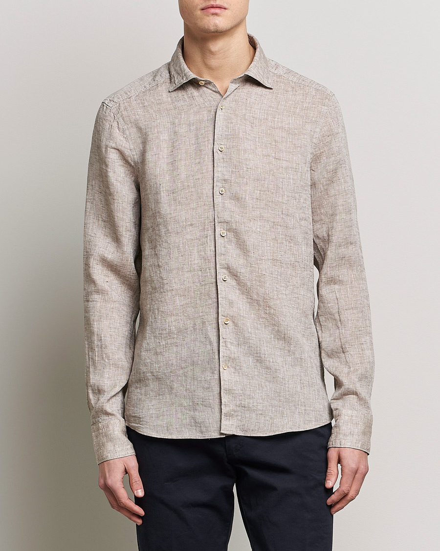 Herren | Freizeithemden | Stenströms | Slimline Cut Away Linen Shirt Light Brown