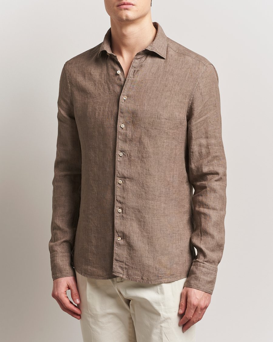 Herren | Hemden | Stenströms | Slimline Cut Away Linen Shirt Brown