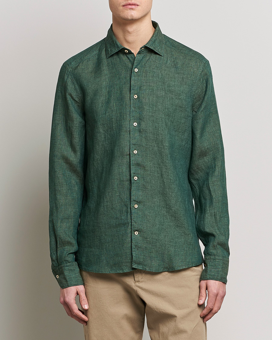 Herren | Business & Beyond | Stenströms | Slimline Cut Away Linen Shirt Dark Green