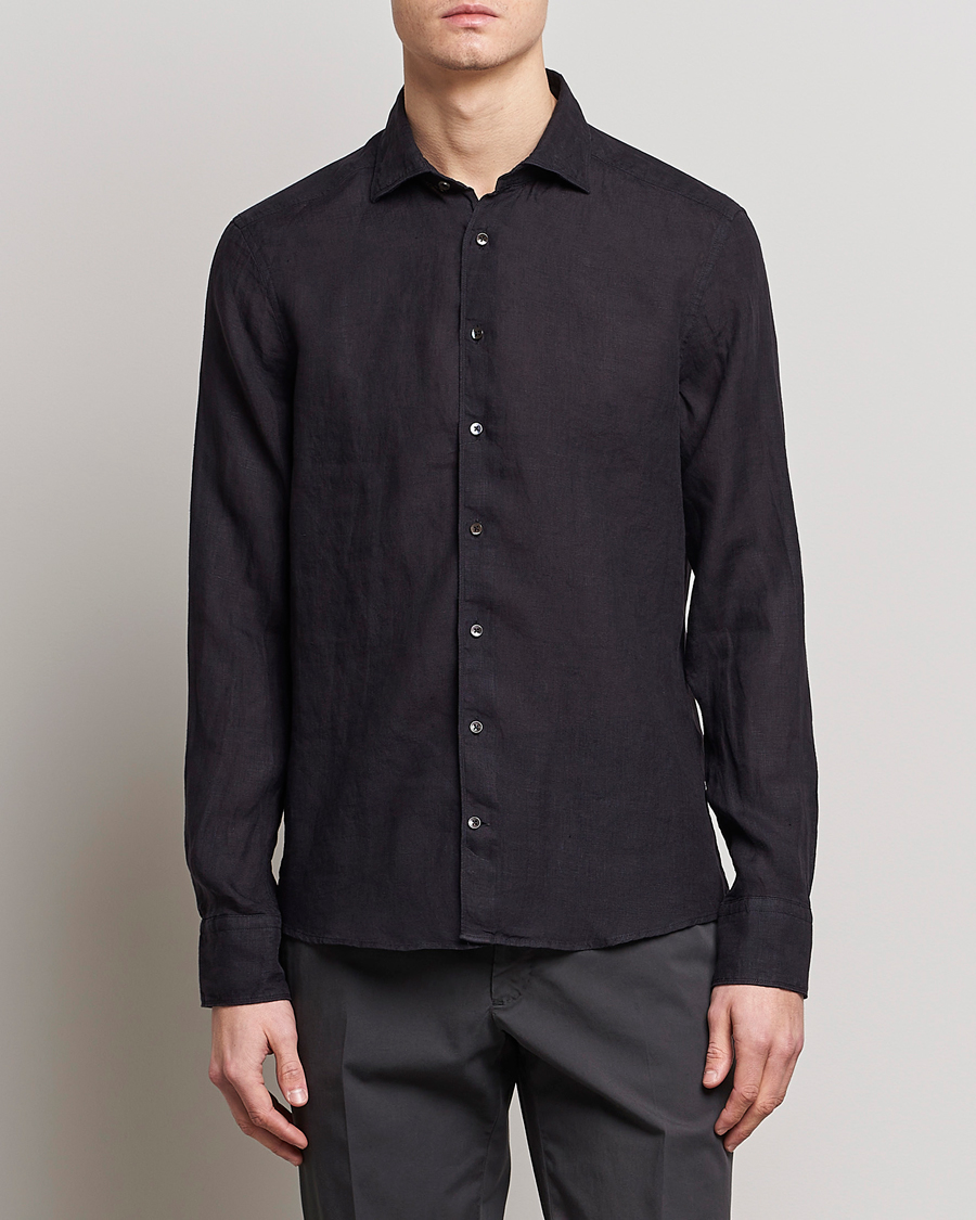 Herren | The Linen Lifestyle | Stenströms | Slimline Cut Away Linen Shirt Black