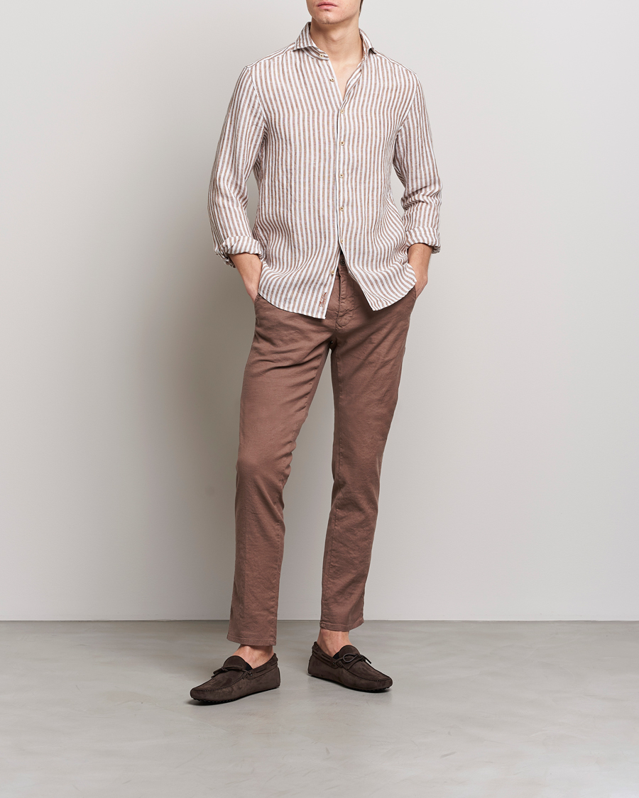 Herren | Hemden | Stenströms | Slimline Cut Away Striped Linen Shirt Brown