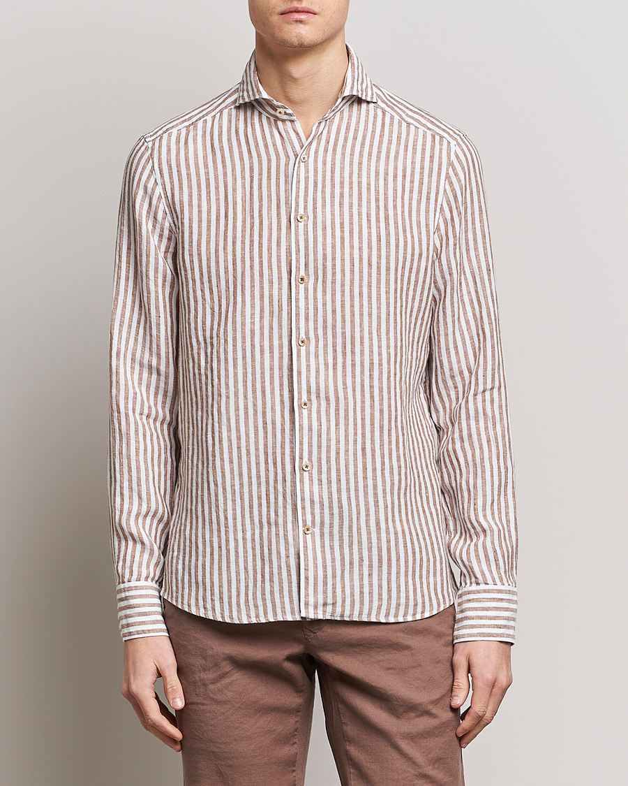 Herren | Hemden | Stenströms | Slimline Cut Away Striped Linen Shirt Brown