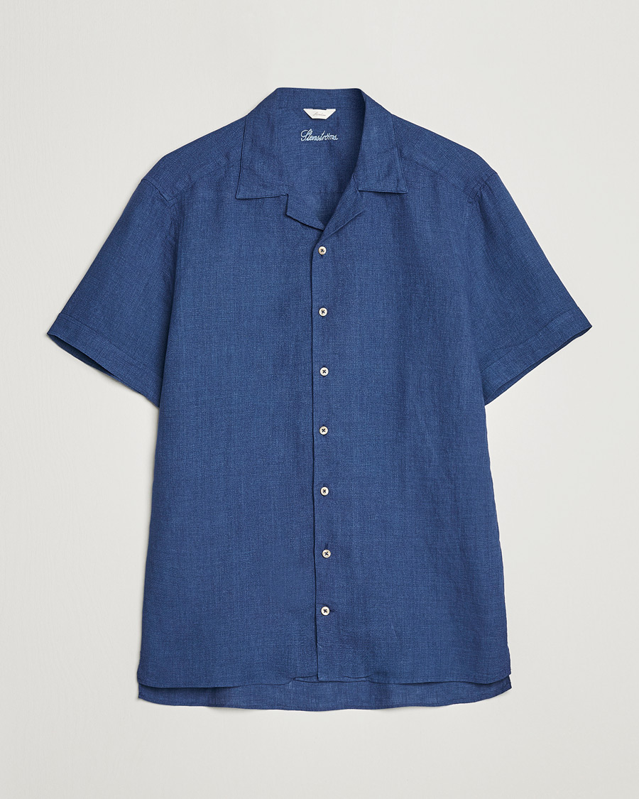 Herren | Hemden | Stenströms | Slimline Short Sleeve Resort Linen Shirt Blue