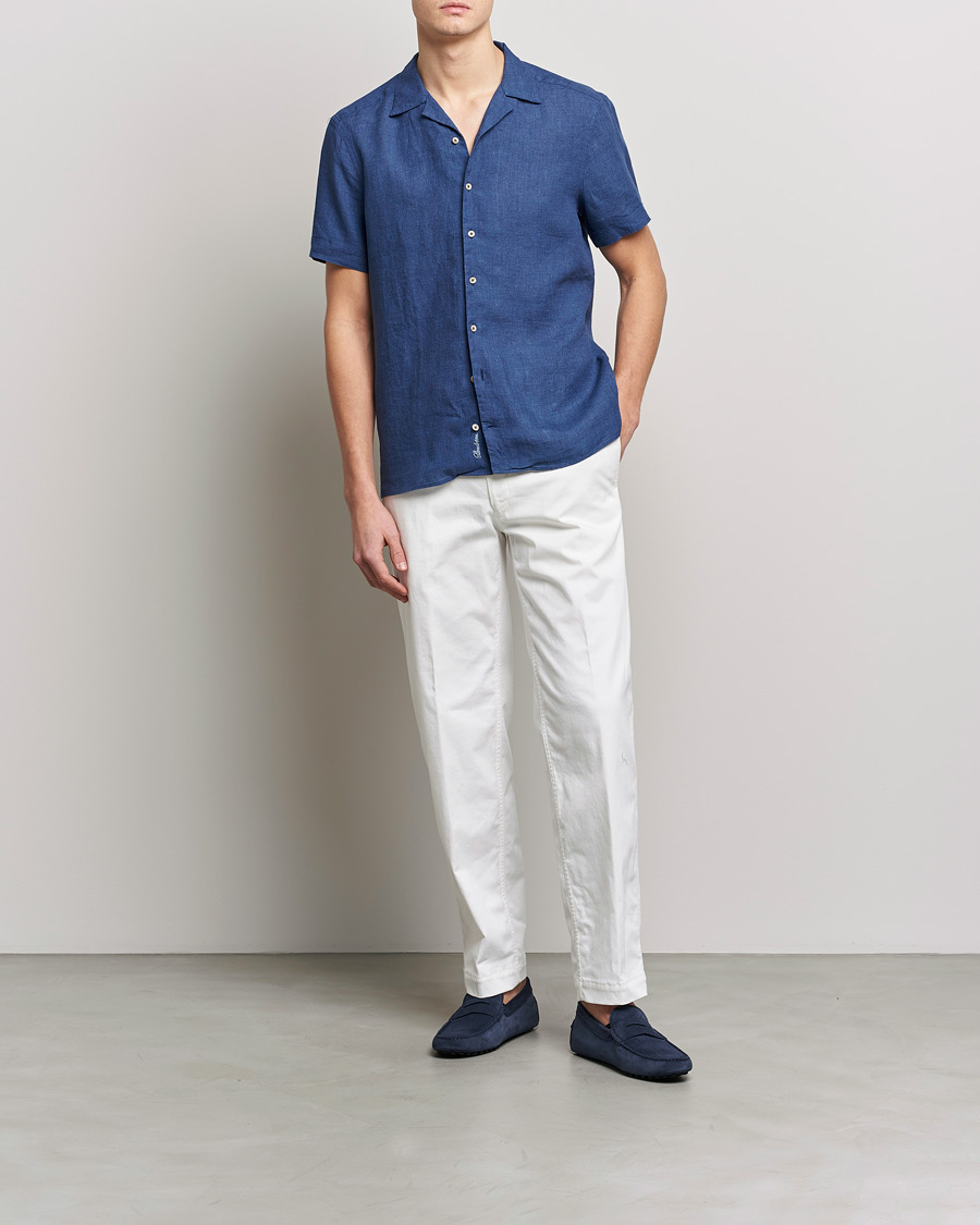 Herren | Hemden | Stenströms | Slimline Short Sleeve Resort Linen Shirt Blue