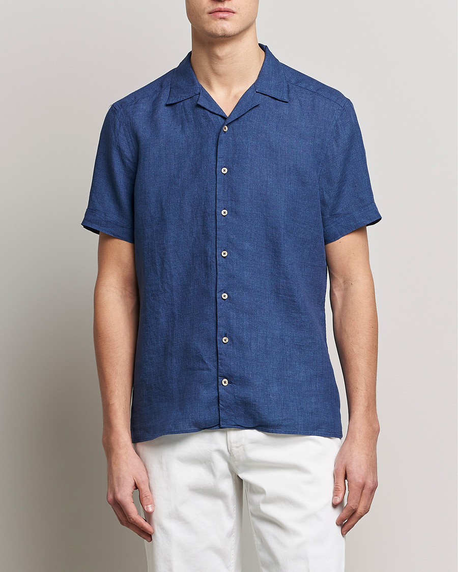 Herren | Hemden | Stenströms | Slimline Short Sleeve Resort Linen Shirt Blue